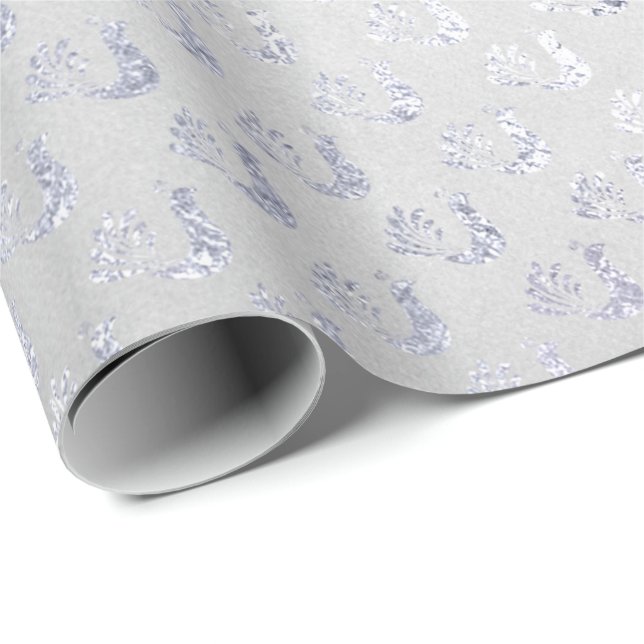 Silver Gray Peacock Metallic Shiny Monochromatic Wrapping Paper (Roll Corner)