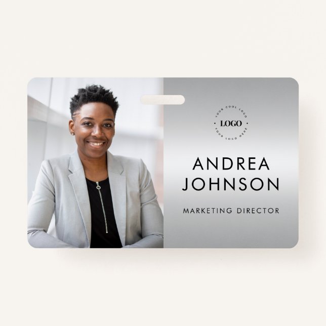 Silver Gray Photo ID Card with Custom Logo & Text ID Badge (Front)