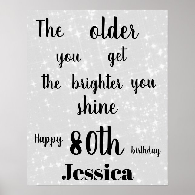 Silver Gray sparkle 80th Birthday Name Poster (Front)