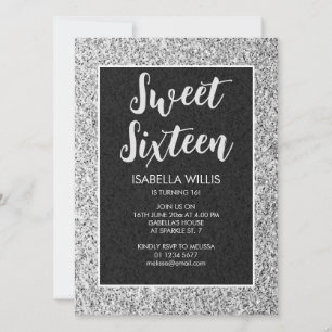 Silver gray sparkles Sweet 16 elegant script Invitation