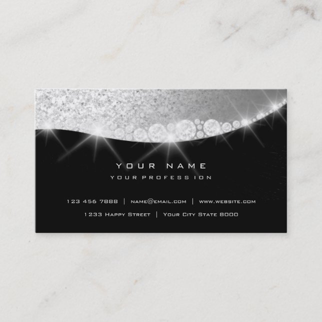 Silver Gray Sparkly Diamond Glitter Glam Black Business Card (Front)
