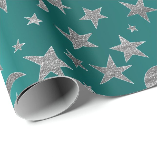 Silver Gray Stars Moon Sky Metallic Greenly Teal Wrapping Paper (Roll Corner)