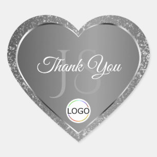 Silver Gray with Logo Initials Glitter Thank You Heart Sticker