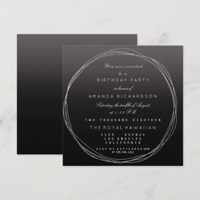 Silver Gray Wreath Birthday Black Ombre Invitation (Front/Back)