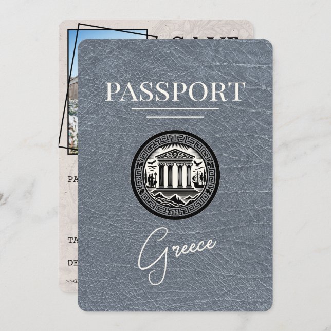 Silver Greece Passport Save the Date Card (Front/Back)