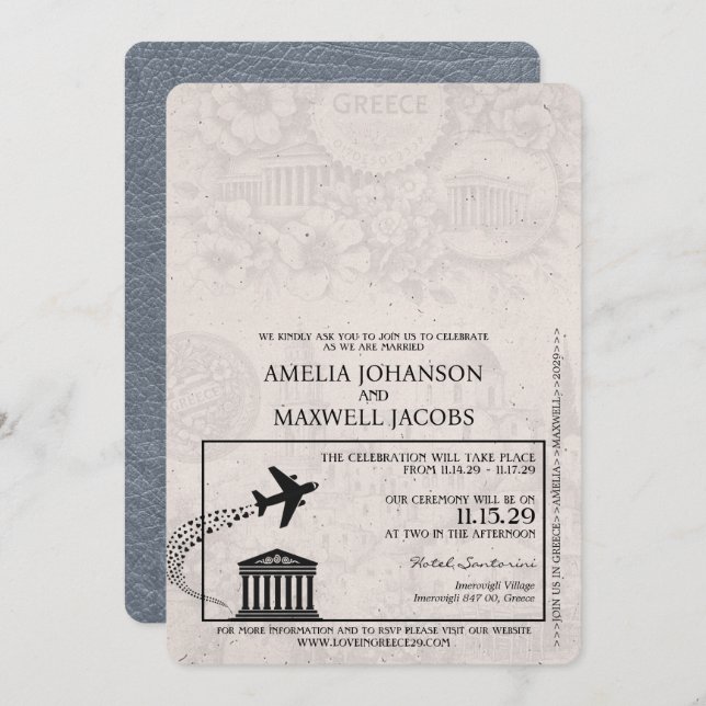 Silver Greece Passport Wedding Invitation (Front/Back)