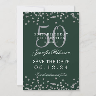 Silver Green 50th Birthday Save the Date Confetti Invitation
