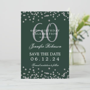 Silver Green 60th Birthday Save Date Confetti Invitation