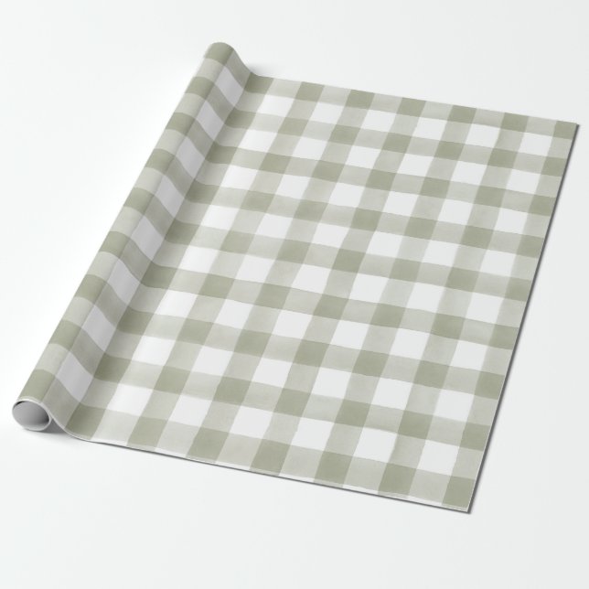 Silver Green English Country Check Plaid Gift Wrapping Paper (Unrolled)