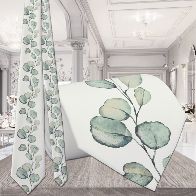Silver Green Eucalyptus Greenery Wedding Ecru Tie (Creator Uploaded)