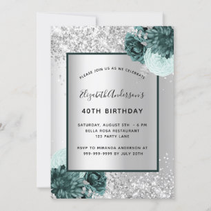 Silver green floral elegant birthday invitation