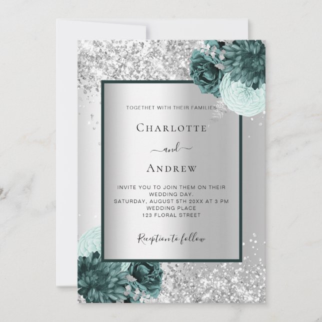 Silver green floral wedding invitation (Front)