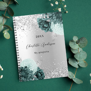 Silver green florals elegant glamourous notebook