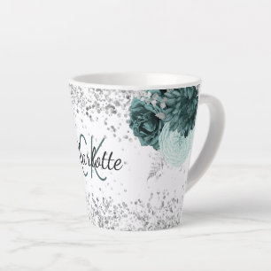 Silver green florals elegant monogram name latte mug