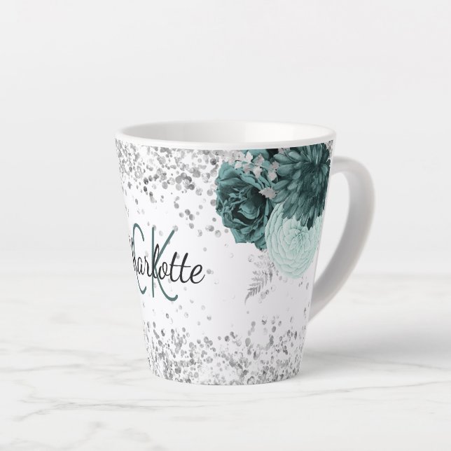Silver green florals elegant monogram name latte mug (Right Angle)