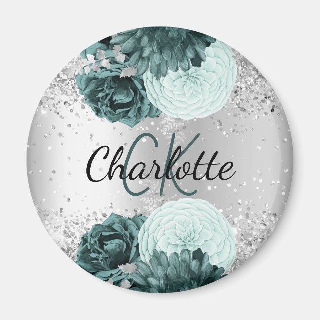 Silver green florals elegant monogram name magnet (Front)
