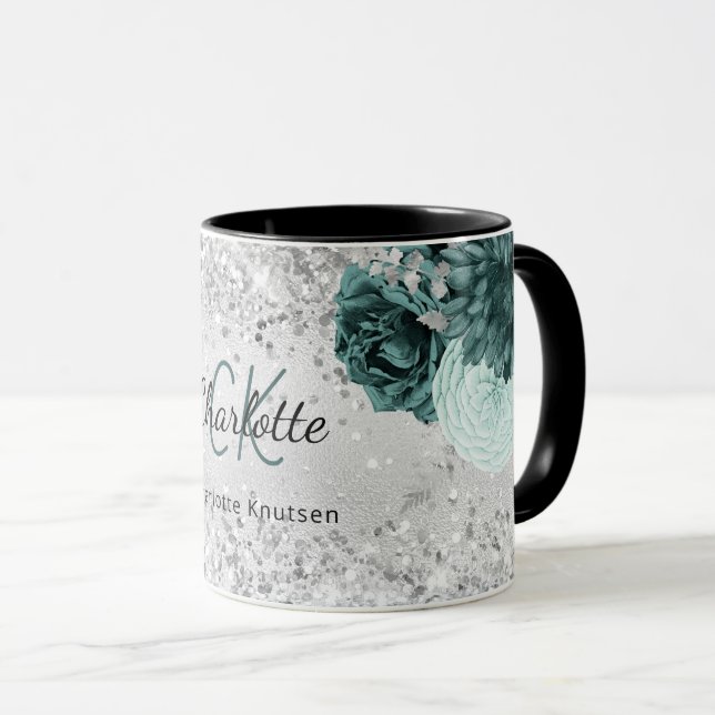 Silver green florals elegant monogram name mug (Front Right)