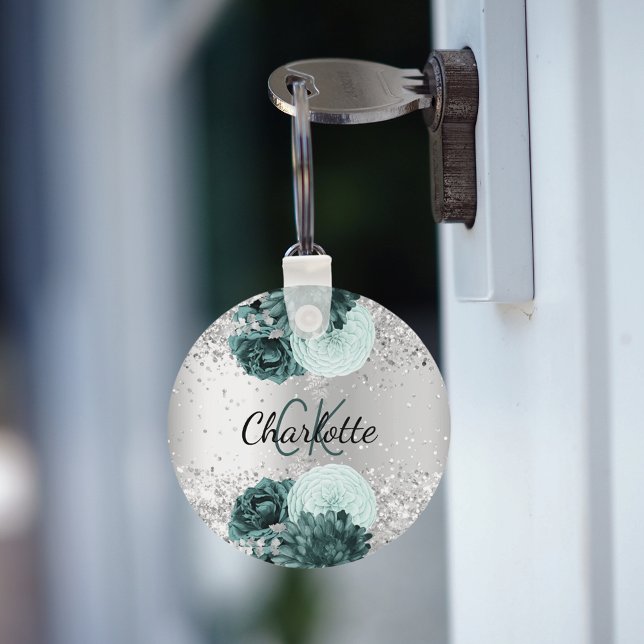 Silver green florals elegant name key ring (Creator Uploaded)