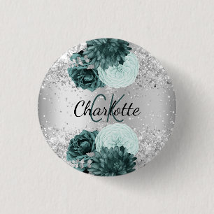 Silver green florals elegant name tag 3 cm round badge