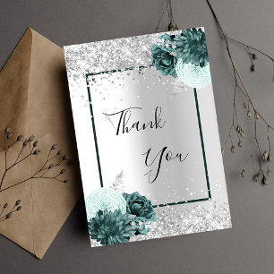 Silver green florals thank you card