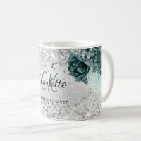 Silver green flowers elegant monogram name