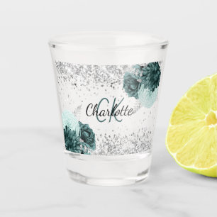 Silver green flowers elegant monogram name shot glass