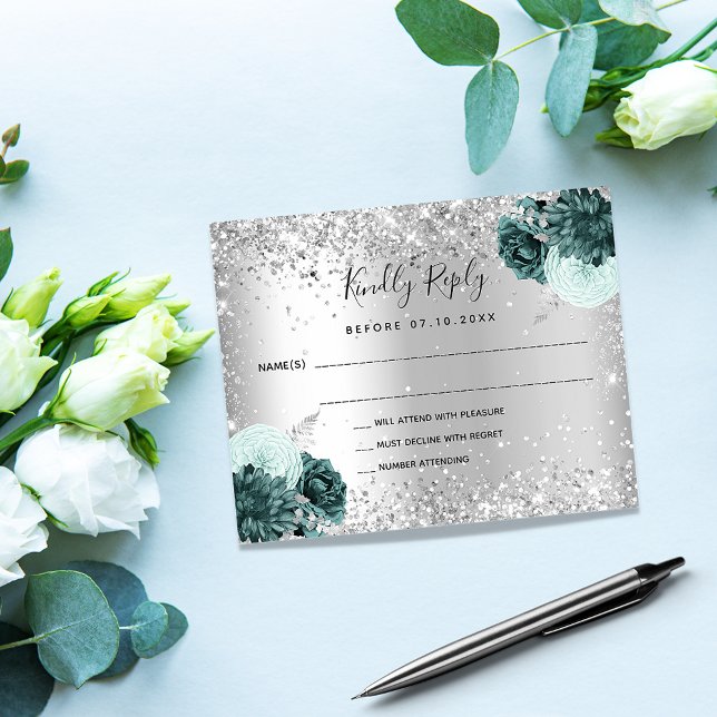 Silver green flowers glitter wedding RSVP card (Creator Uploaded)