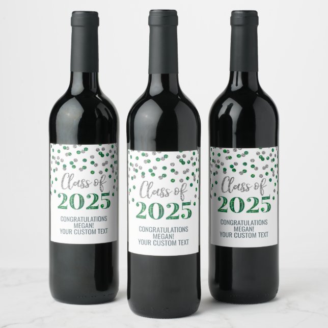 Silver Green Glitter Class of 2025 Graduation Wine Label (Bottles)