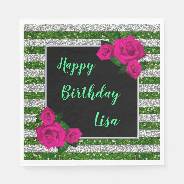 Silver Green Glitter Stripes Pink Roses Birthday Napkin (Front)