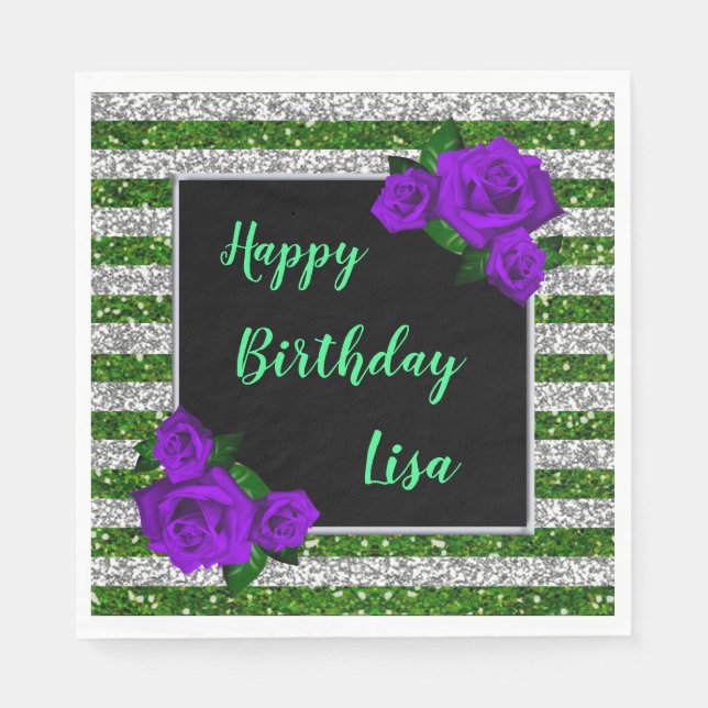 Silver Green Glitter Stripes Purple Roses Birthday Napkin (Front)