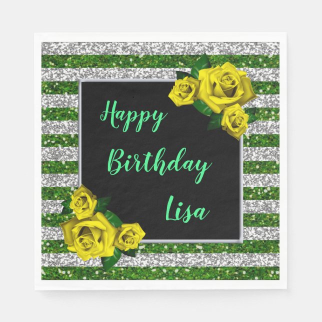 Silver Green Glitter Stripes Yellow Roses Birthday Napkin (Front)
