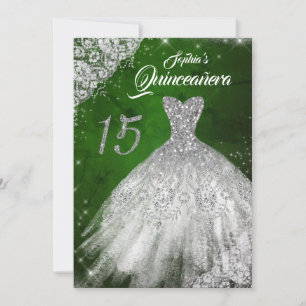Silver Green Lace Diamond Sparkle Gown Quinceanera Invitation