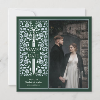 Silver Green Mediaeval Sword Save the Date Photo Invitation