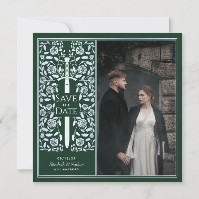 Silver Green Mediaeval Sword Save the Date Photo Invitation (Front)