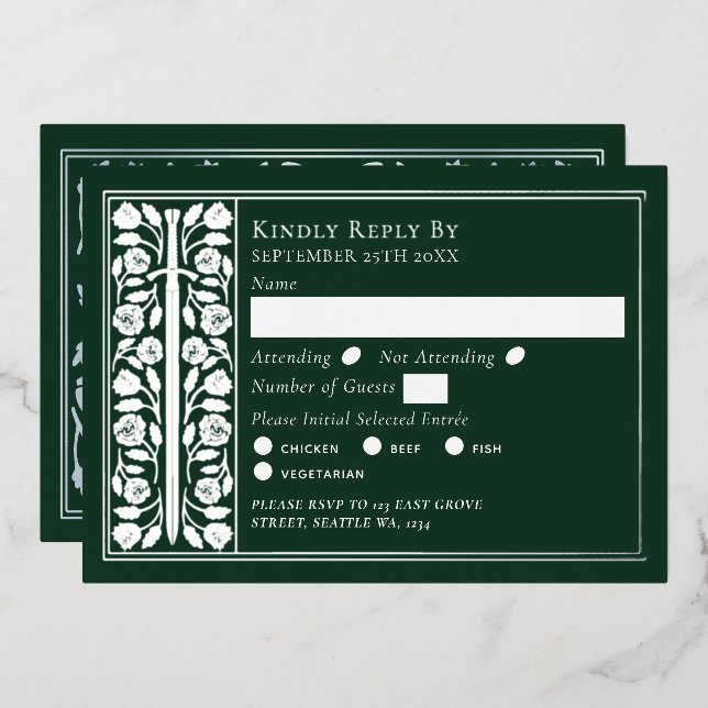 Silver Green Medieval Sword Wedding RSVP (Front/Back)