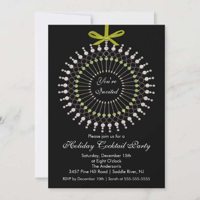 Silver & Green Ornament Cocktail Christmas Party Invitation (Front)