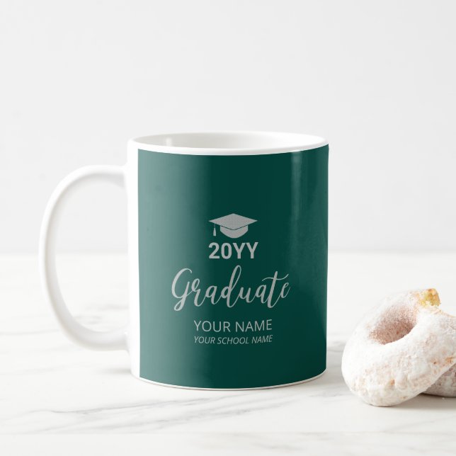 Silver & Green Personalised Graduation Gifts Coffee Mug (With Donut)