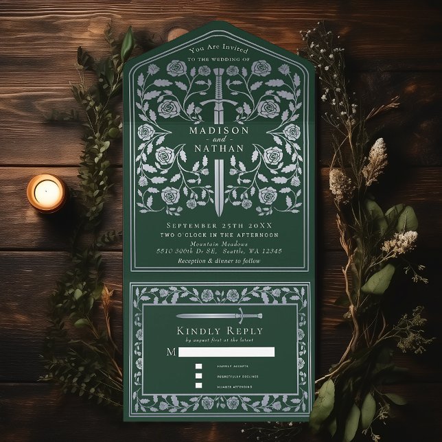 Silver Green Royal Mediaeval Sword Wedding  All In One Invitation (Creator Uploaded)