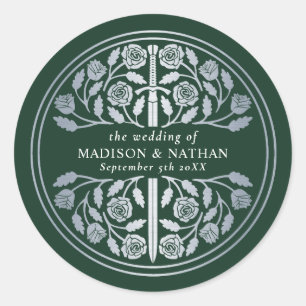 Silver Green Royal Mediaeval Sword Wedding Classic Round Sticker