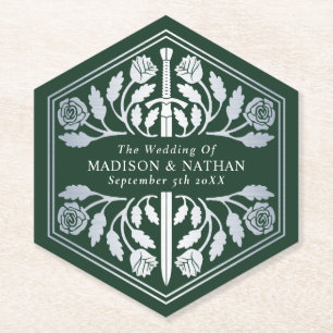 Silver Green Royal Mediaeval Sword Wedding Paper Coaster