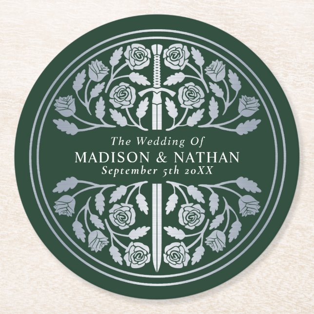 Silver Green Royal Mediaeval Sword Wedding Round Paper Coaster (Front)
