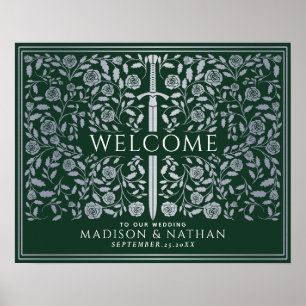 Silver Green Royal Mediaeval Sword Wedding Welcome Poster