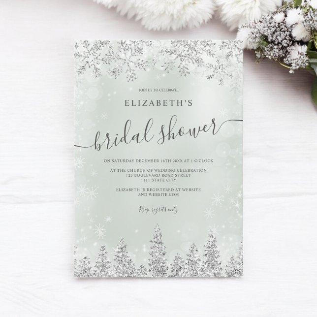 Silver green snow pine winter bridal shower invitation (Silver green snow pine winter bridal shower invitation)