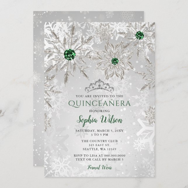 Silver Green Snowflake Princess Tiara Quinceañera Invitation (Front/Back)