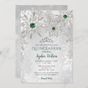 Silver Green Snowflake Princess Tiara Quinceañera Invitation