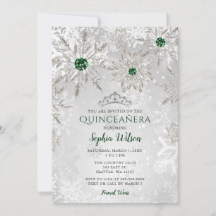 Silver Green Snowflakes Tiara Quinceañera  Invitation