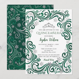 Silver Green Snowflakes Tiara Quinceañera Invitation