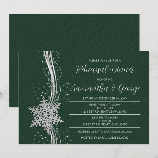 Silver Green Snowflakes Winter Rehearsal Dinner  Invitation (Front/Back)