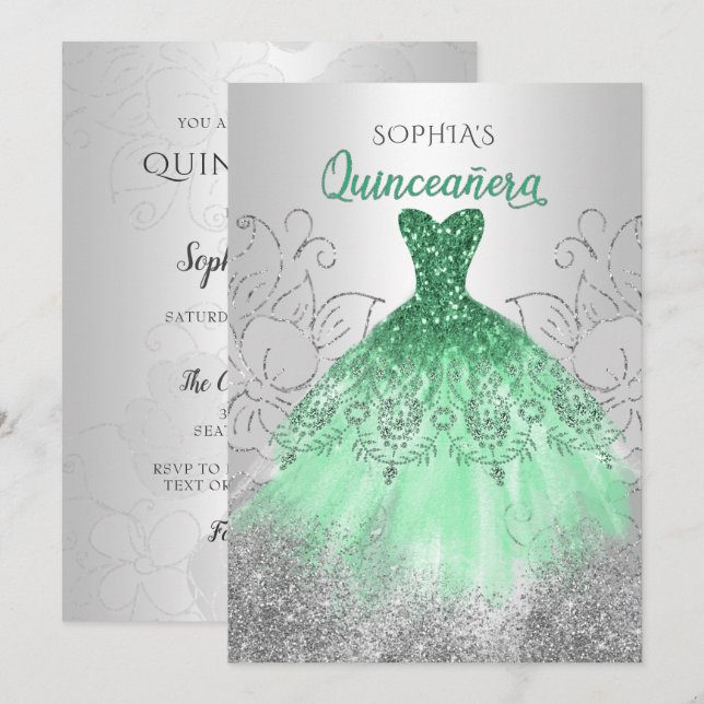 Silver Green Sparkle Dress Quinceañera Quince Invitation (Front/Back)