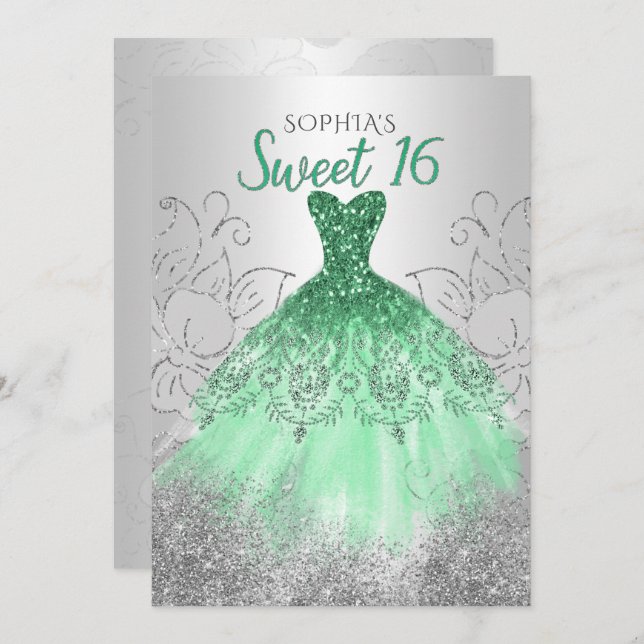Silver Green Sparkle Dress Sweet 16 birthday Invitation (Front/Back)